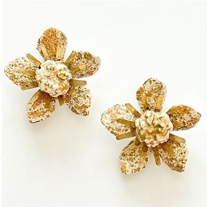 Vintage Coro Cream Enamel & Gold Clip Flower Earrings.